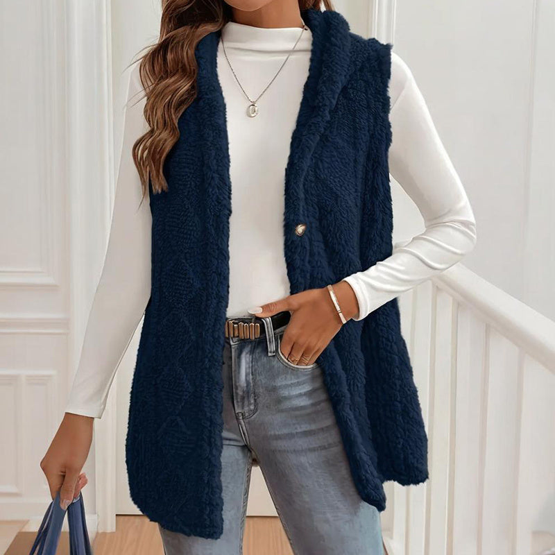 Women's Textured Sleeveless Hooded Vest, Button-Front Layering Piece For Fall & Winter Outfits