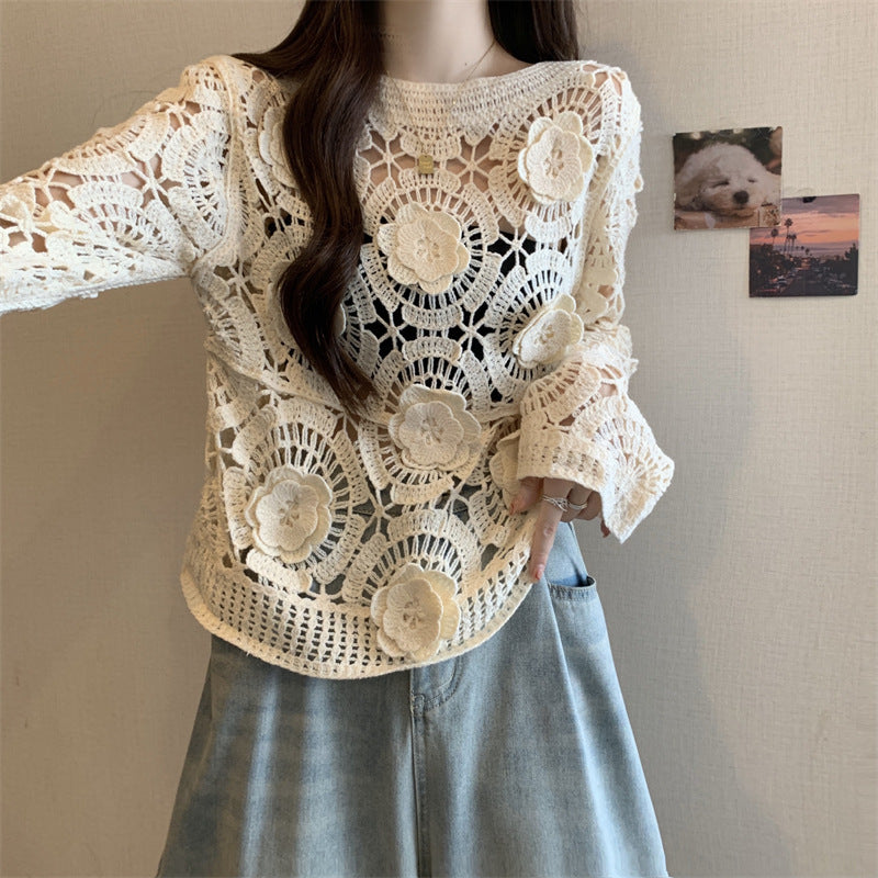 Women's 3D Crochet Lace Blouse Embroidered See-Through Knit Top With Round Neck Long Sleeves