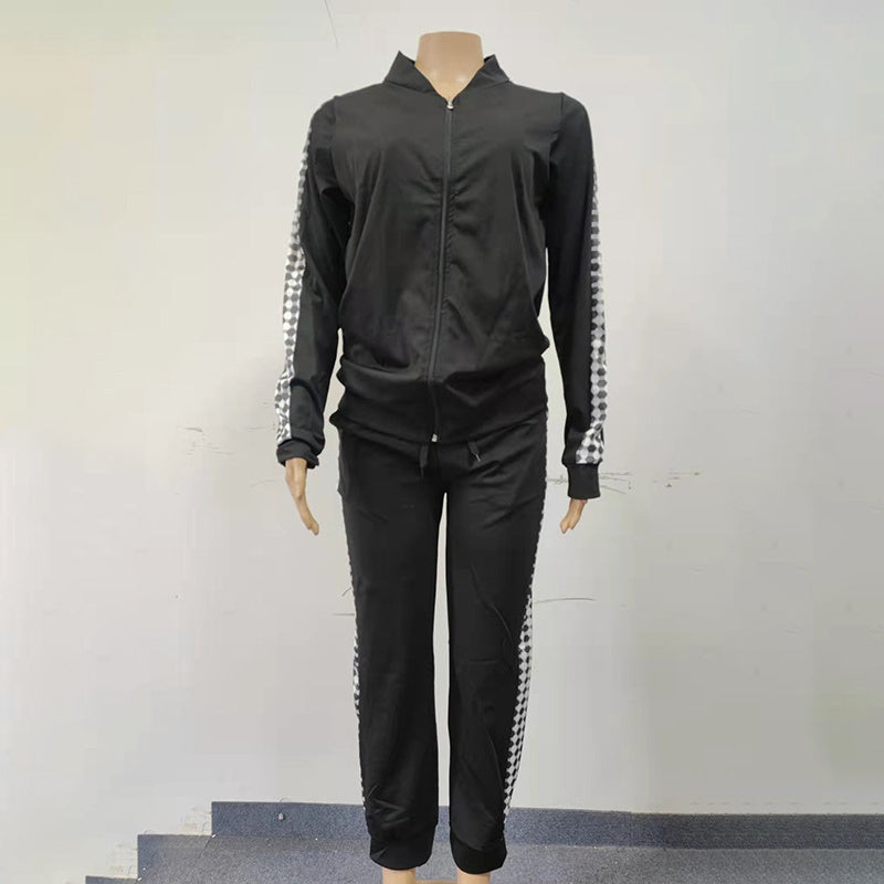 Women's Print & Plaid Zip-Front Top With Tie-Waist Pants Set, 2-Piece Casual Loungewear For Spring And Fall