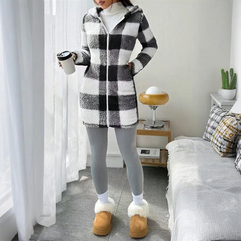 Women's Long Sleeve Plaid Long Hooded Sherpa Coat, Soft Fleece Lined Jacket With Pockets For Winter