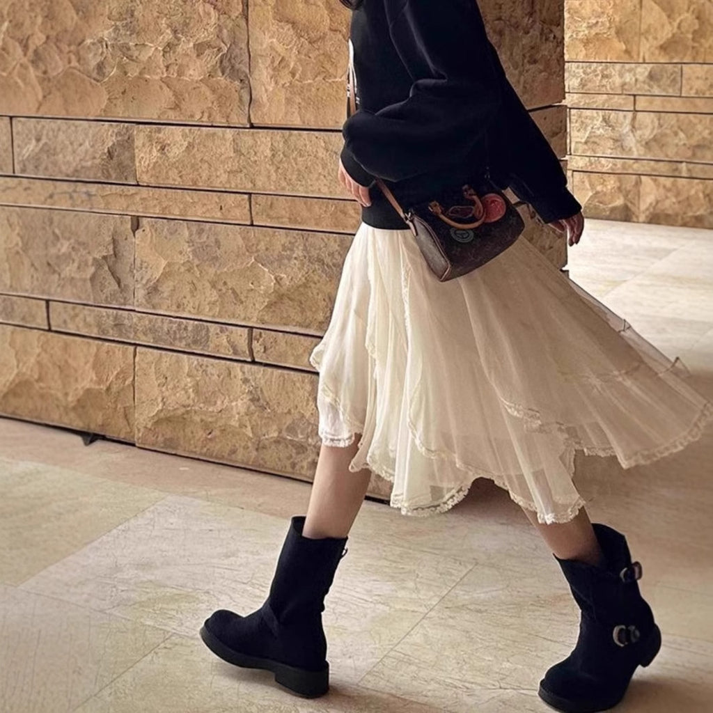 French Irregular Lace Patch High-waisted Slimming Tulle Skirt