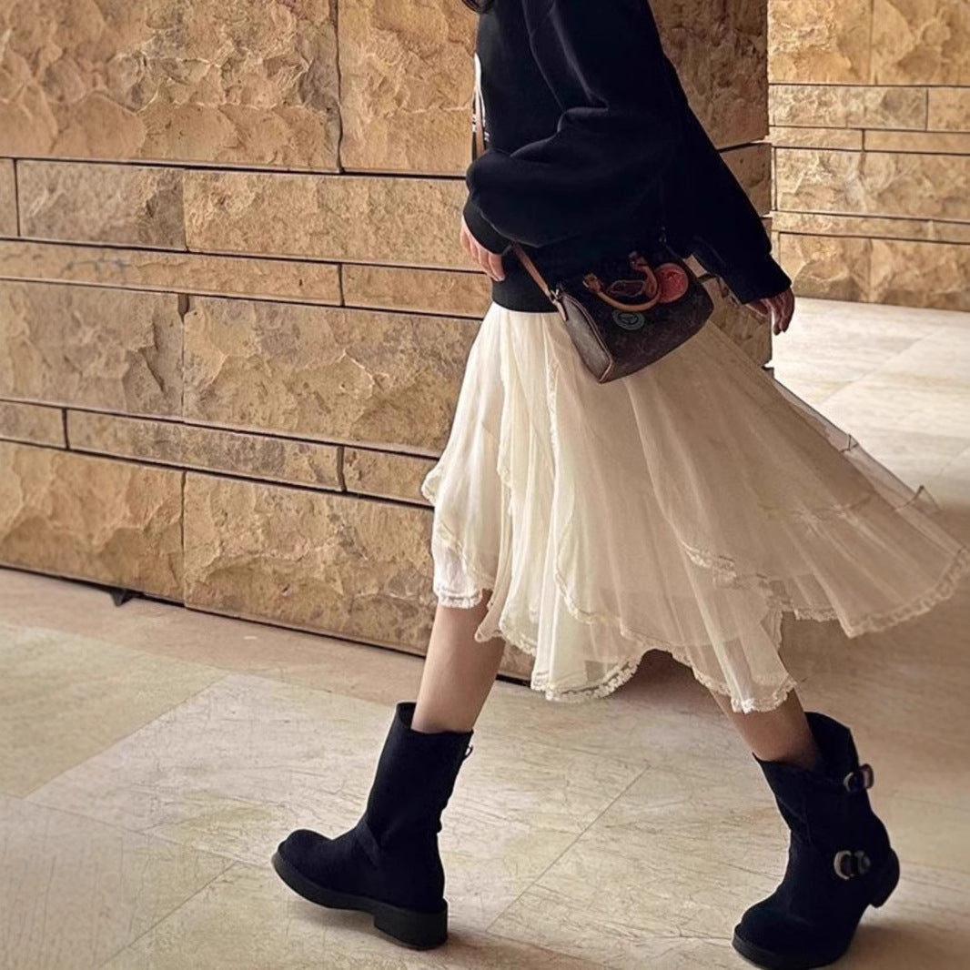 French Irregular Lace Patch High-waisted Slimming Tulle Skirt