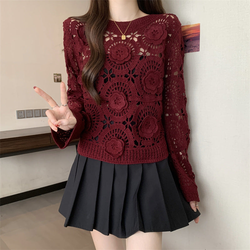 Women's 3D Crochet Lace Blouse Embroidered See-Through Knit Top With Round Neck Long Sleeves