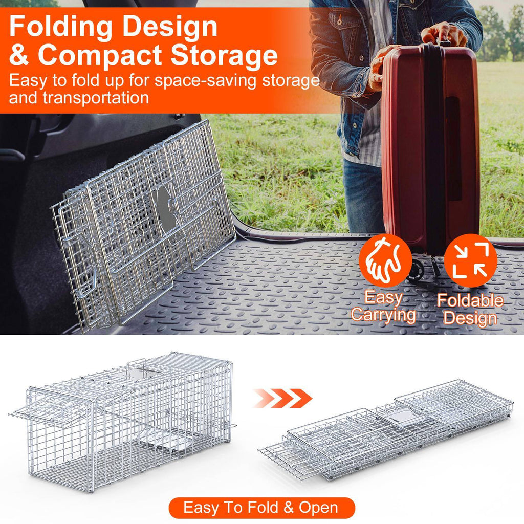 1Pc Live Animal Trap Cage 37x14x15in Folding Catch And Release Humane Cat Trap Galvanized Iron For Raccoons Foxes Coyotes Stray Dogs Armadillos Squirrels