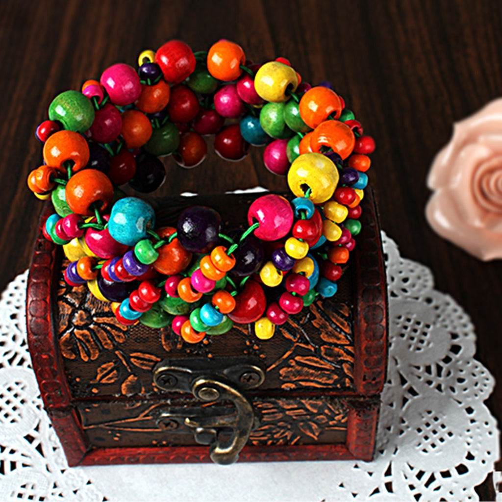 1Pc Multi-Color Wooden Beaded Stretchy Bracelet Colorful Exotic Style Elastic Bracelets For Women Girls Children