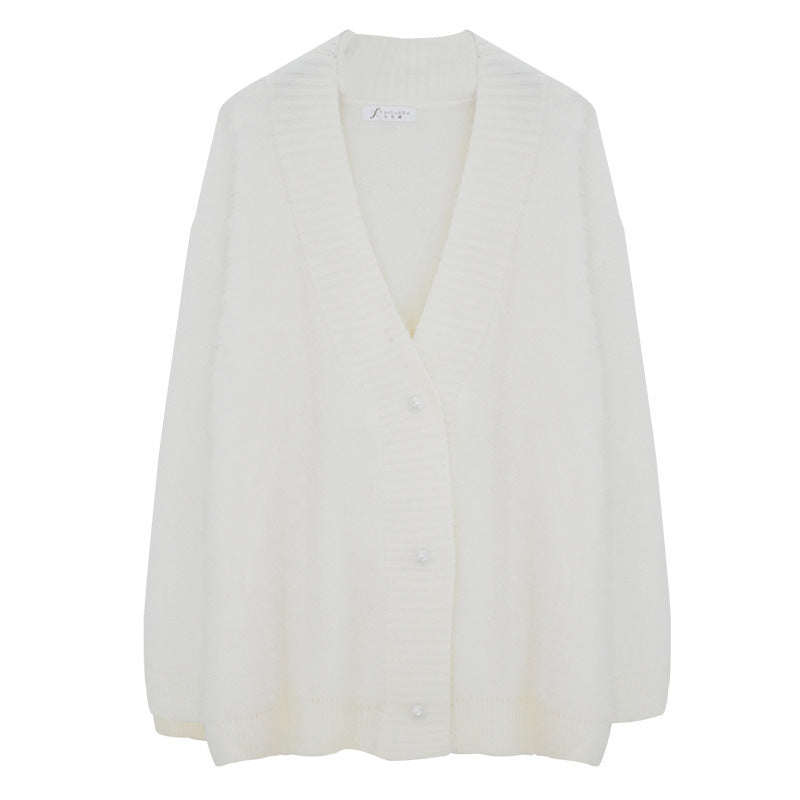 Mink Fleece Collar Sweater Coat Women White Outer Wear Loose And Lazy