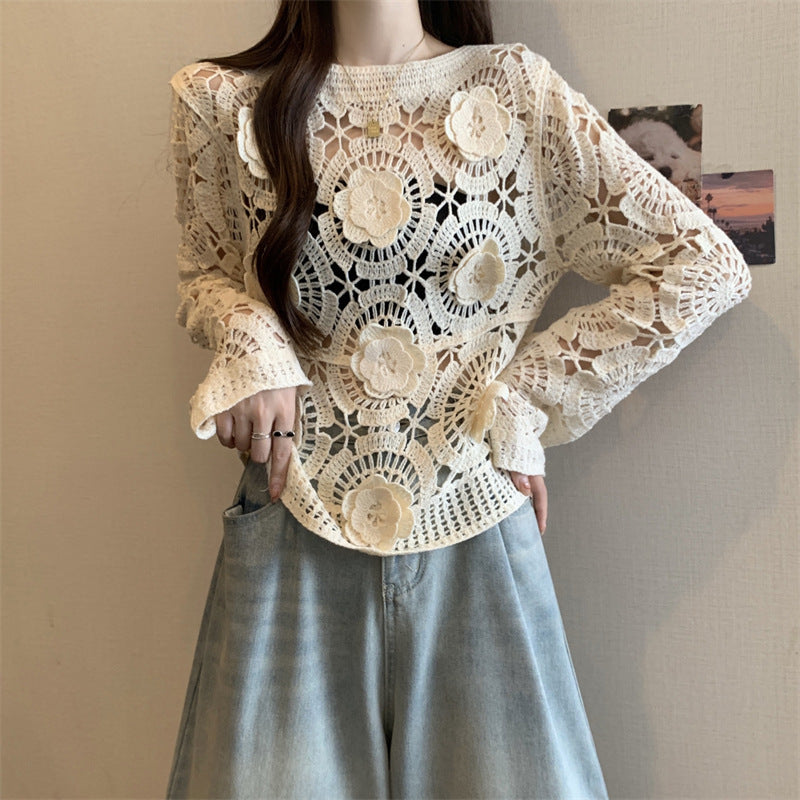 Women's 3D Crochet Lace Blouse Embroidered See-Through Knit Top With Round Neck Long Sleeves