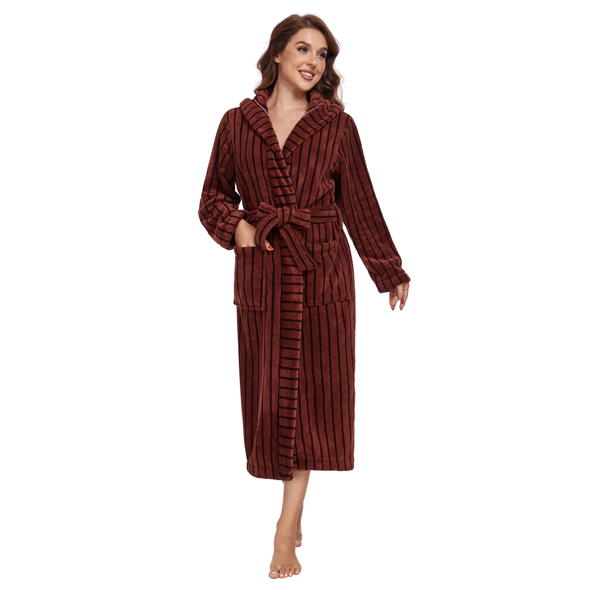 RONGTAI Luxury Plush Absorbency Robe For Women Extra Long Fleece Bathrobe With Hood & Pockets Warm Terry Cloth Loungewear