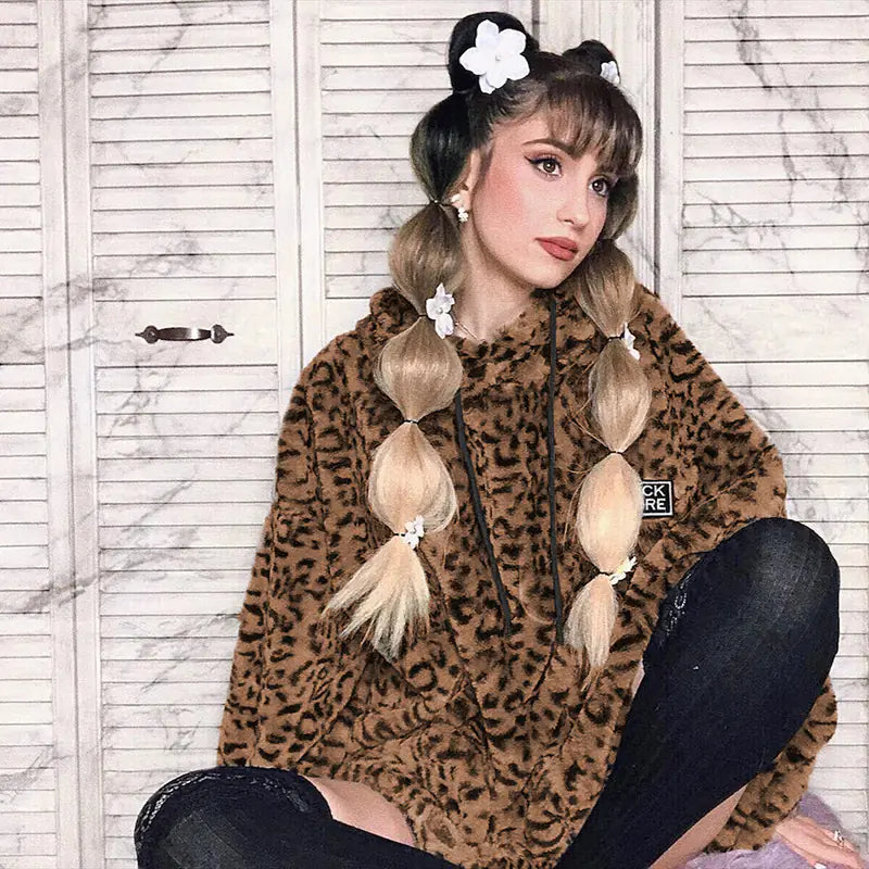 Faux Fur Leopard Print Hoodie Jacket