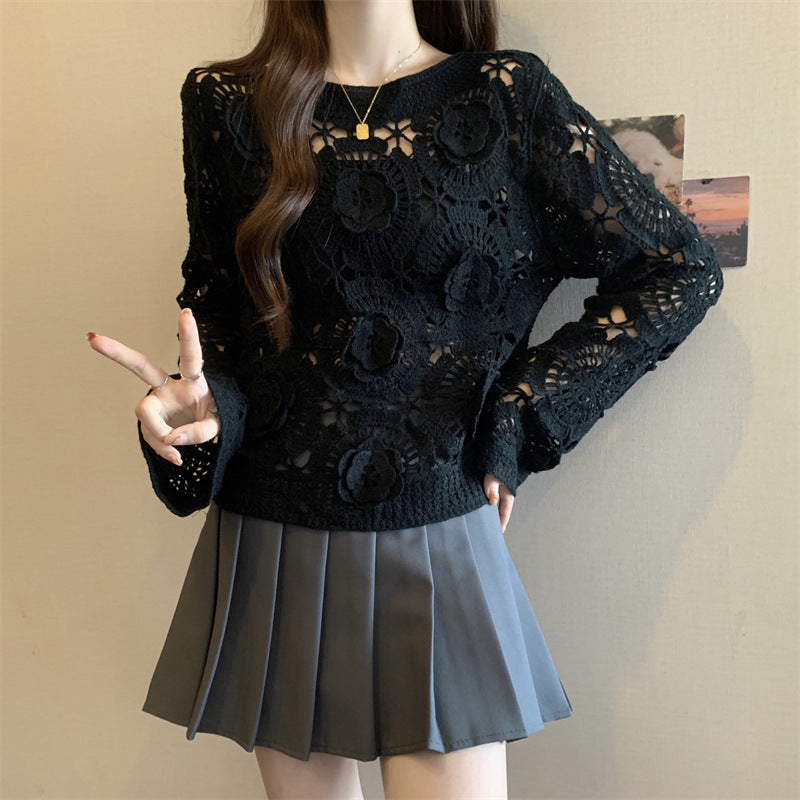 Women's 3D Crochet Lace Blouse Embroidered See-Through Knit Top With Round Neck Long Sleeves