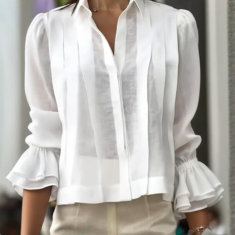 Women's Loose Ruffle Flare Sleeve Blouse, Notch Lapel Button-Down Shirt For Spring And Fall Office Wear