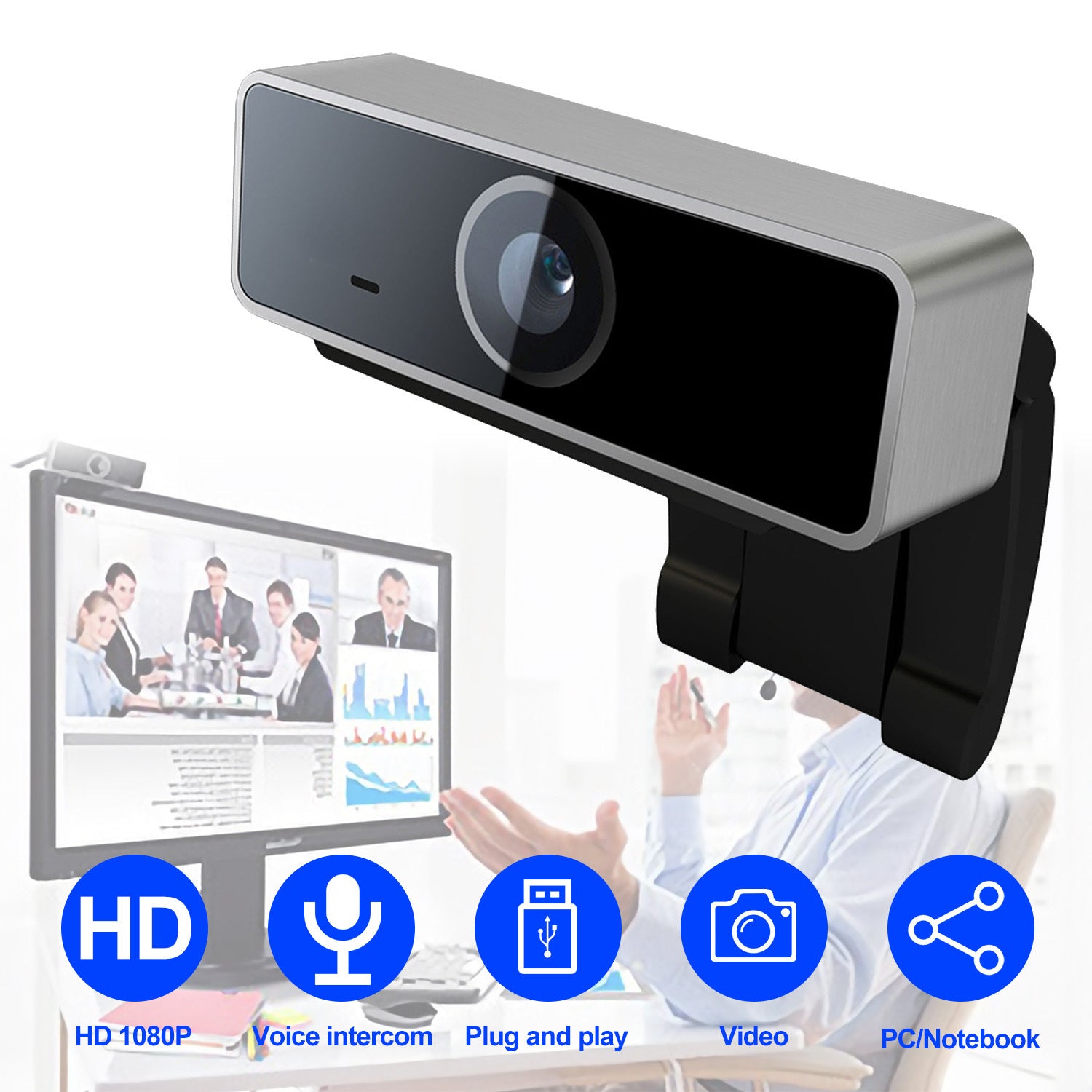 1Pc FHD 1080P Webcam USB PC Computer Webcam Auto Focus With Microphone 60-Degree Widescreen Desktop Laptop Webcam Live Streaming Webcam With Rotatable Clip For Live Broadcast Video Calling Conferencin