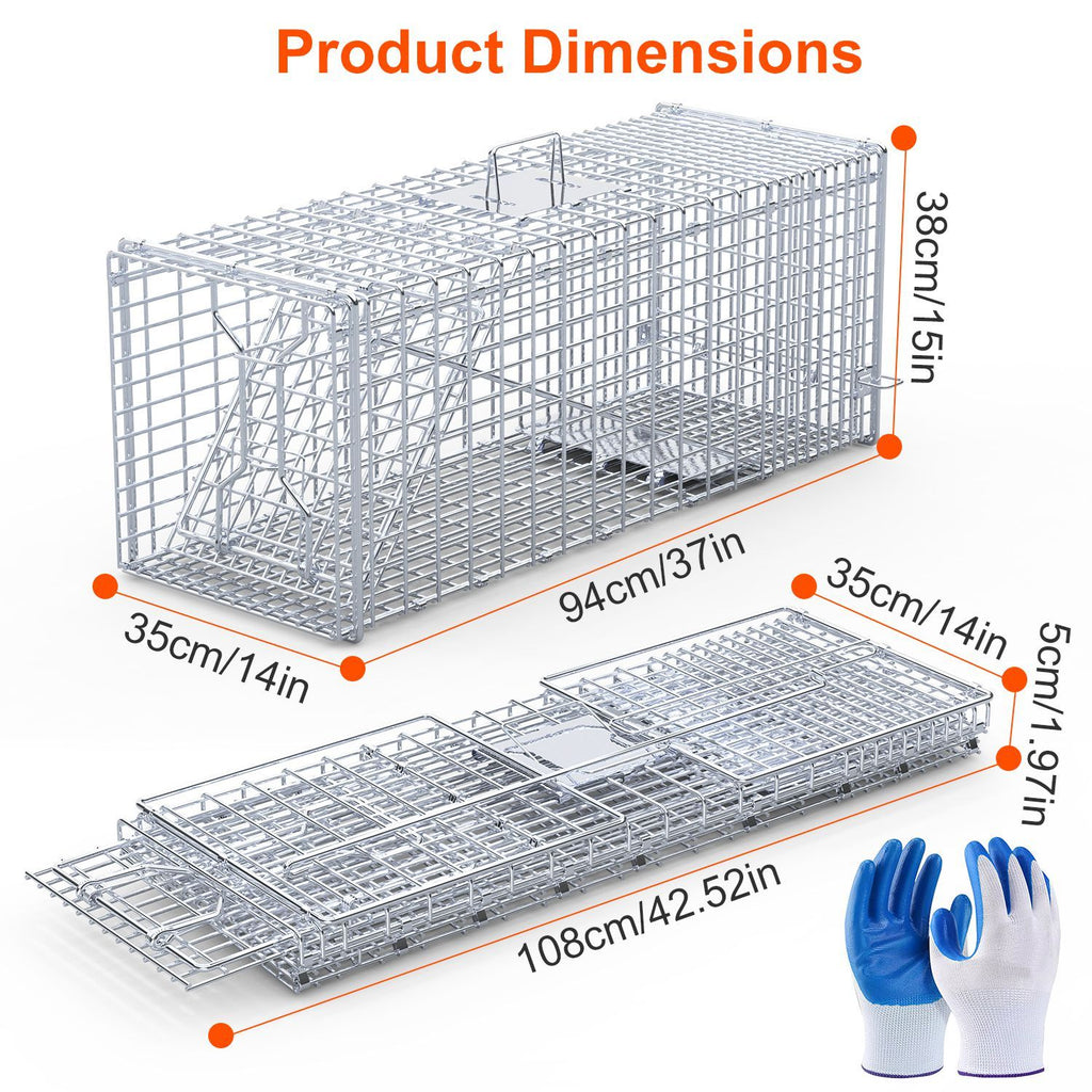 1Pc Live Animal Trap Cage 37x14x15in Folding Catch And Release Humane Cat Trap Galvanized Iron For Raccoons Foxes Coyotes Stray Dogs Armadillos Squirrels