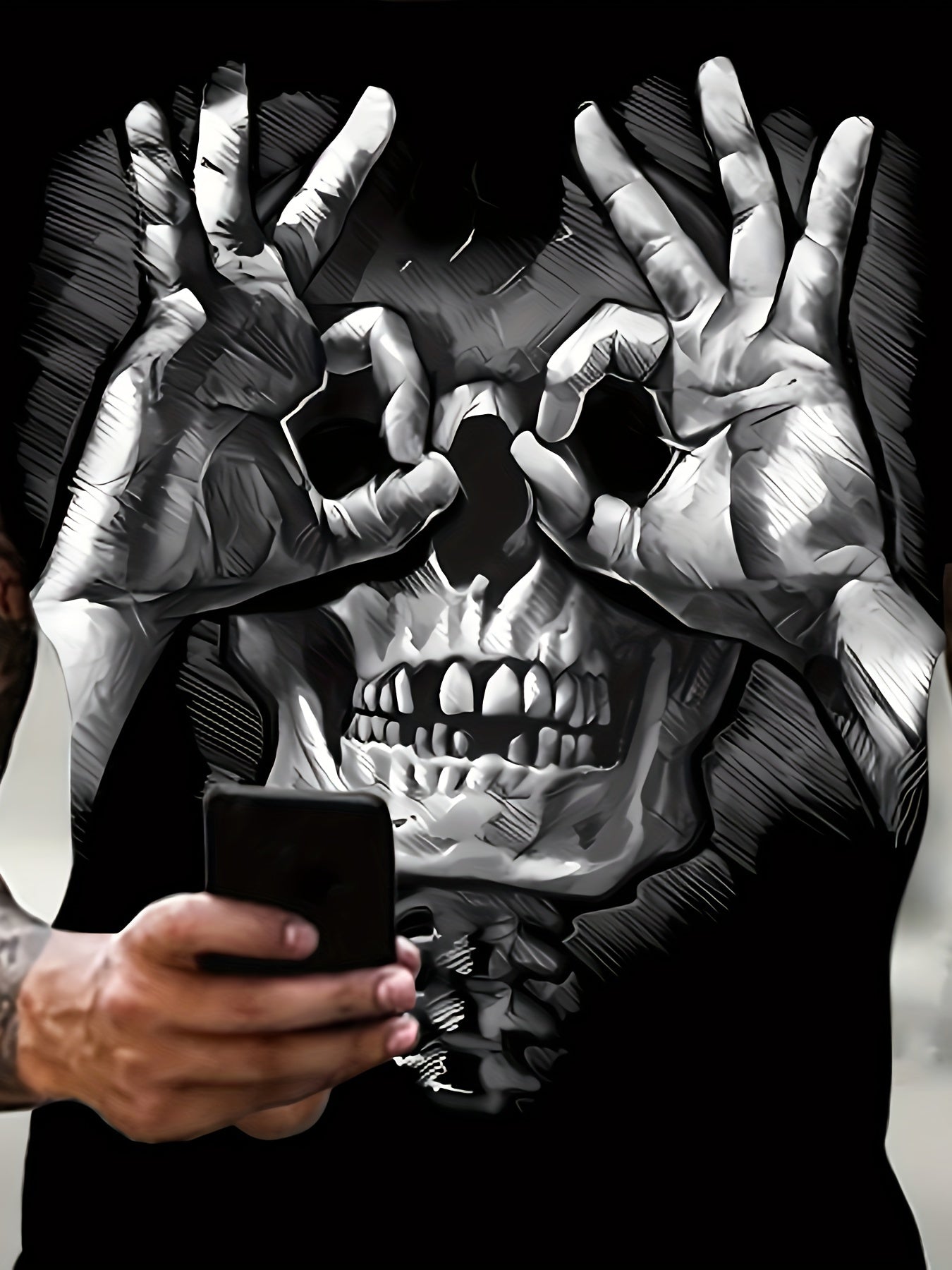 Creative Skull Print T-shirt, Men's Casual Street Style Elastic Round Neck T-shirt, Suitable For Summer