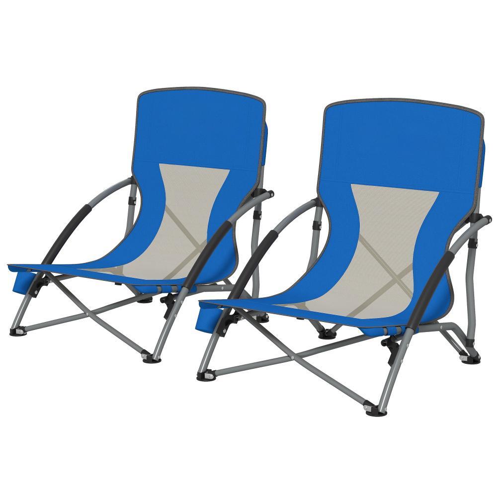 Set Of 2 Folding Beach Chairs With Mesh Back, Carry Bag And Cup Holder For Outdoor Camping Lawn Sports Picnic Dark Blue