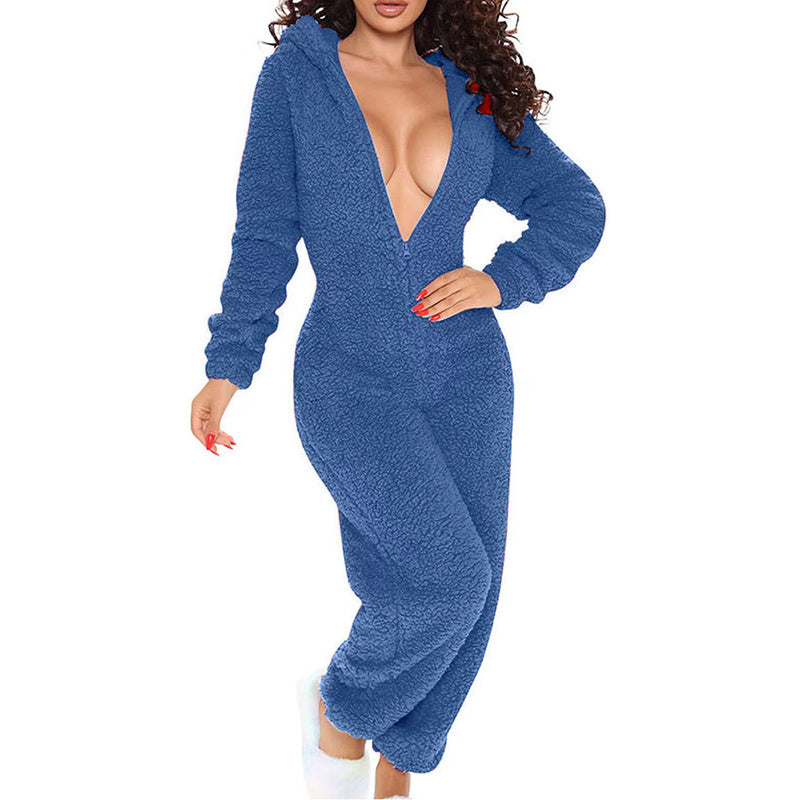 Women's Solid Color Plush Hooded Tracksuit Set Zip-Up Long Sleeve Top And Pants For Winter Loungewear