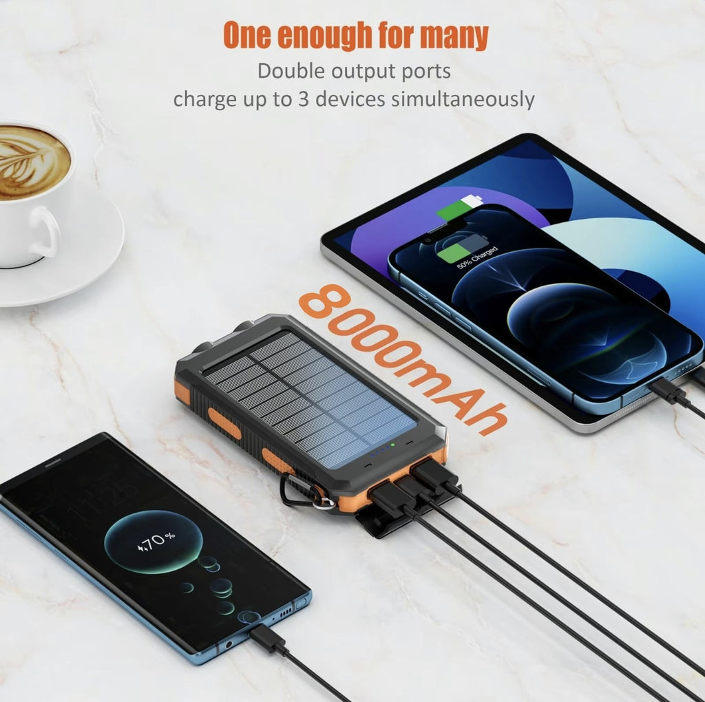 Solar Charger, 8000mAh Portable Solar Power For All Mobile Phones, Waterproof Battery Pack, Outdoor External Backup Power Charger Dual USB 5V Output -LED Flashlight, Perfect For Camping Trips