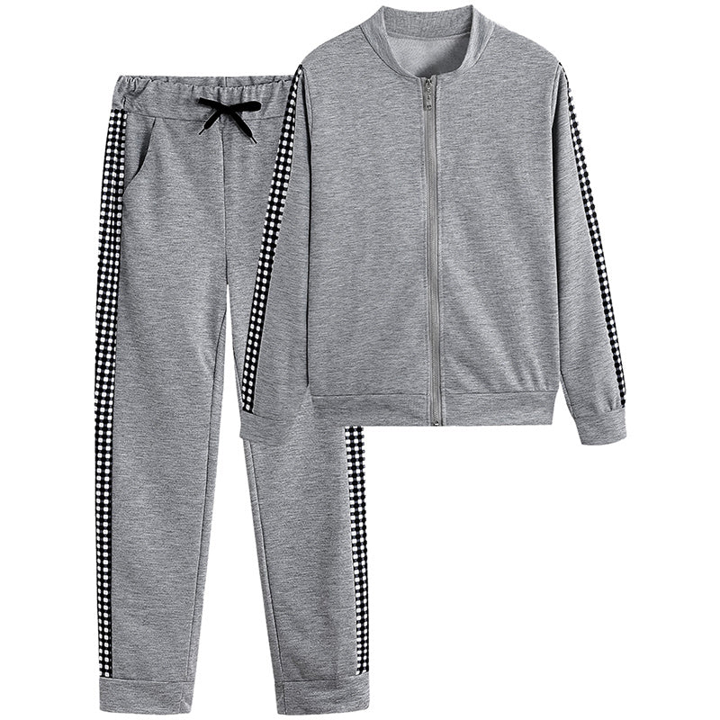 Women's Print & Plaid Zip-Front Top With Tie-Waist Pants Set, 2-Piece Casual Loungewear For Spring And Fall