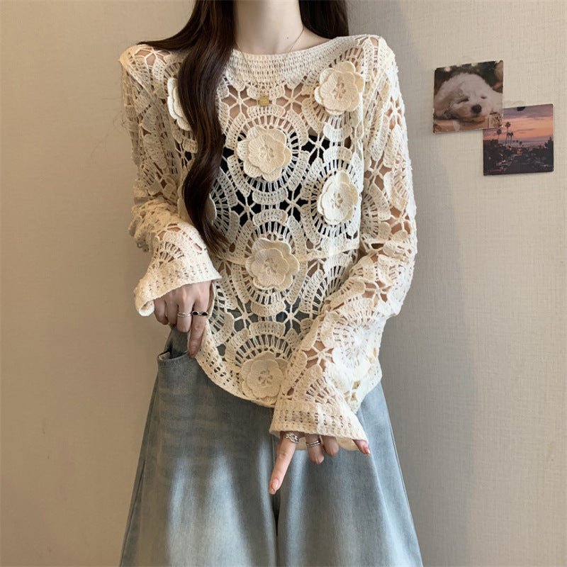 Women's 3D Crochet Lace Blouse Embroidered See-Through Knit Top With Round Neck Long Sleeves