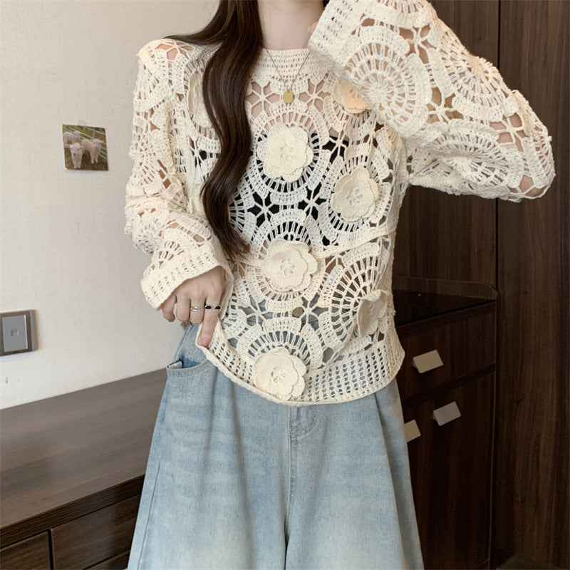 Women's 3D Crochet Lace Blouse Embroidered See-Through Knit Top With Round Neck Long Sleeves