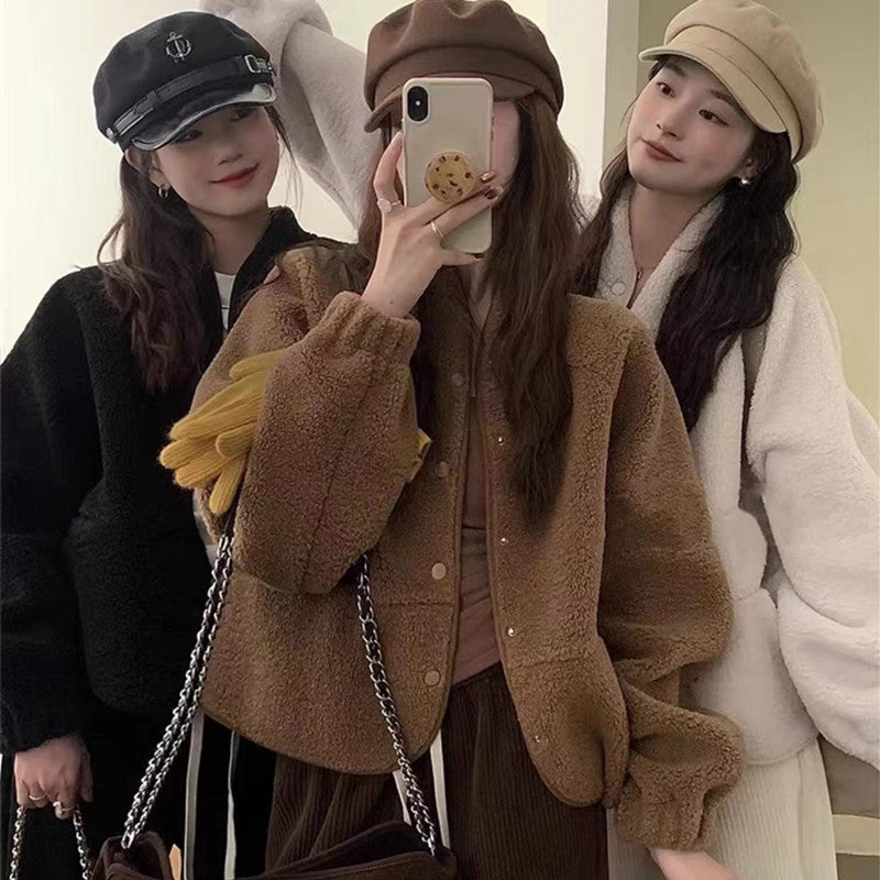 Women's Solid Color Versatile Short Lamb Fleece Jacket