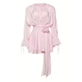Women's Elegant Solid Color Tie-Neck Dress With Floral Applique, Smocked Sleeves & Tiered Ruffle Hem Boho Mini Dress For Spring Summer