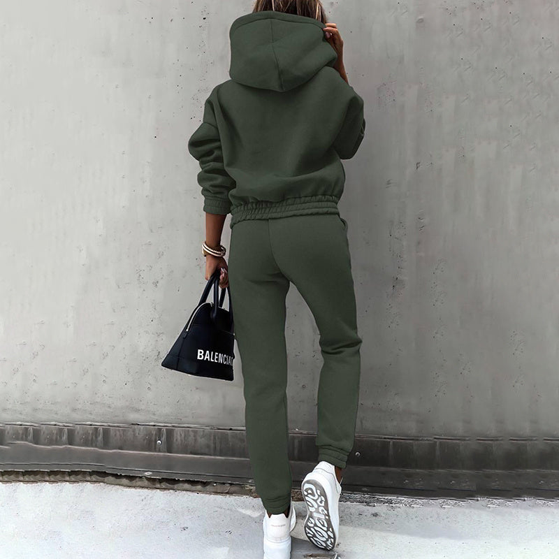 Women's Casual 2-Piece Tracksuit, Solid Color Hooded Sweatshirt And Slim Fit Jogger Pants For Autumn And Winter