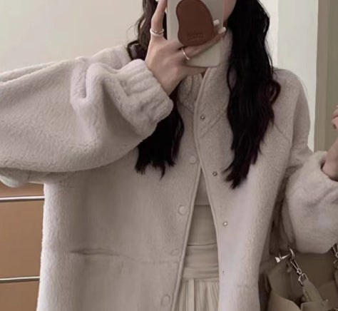 Women's Solid Color Versatile Short Lamb Fleece Jacket