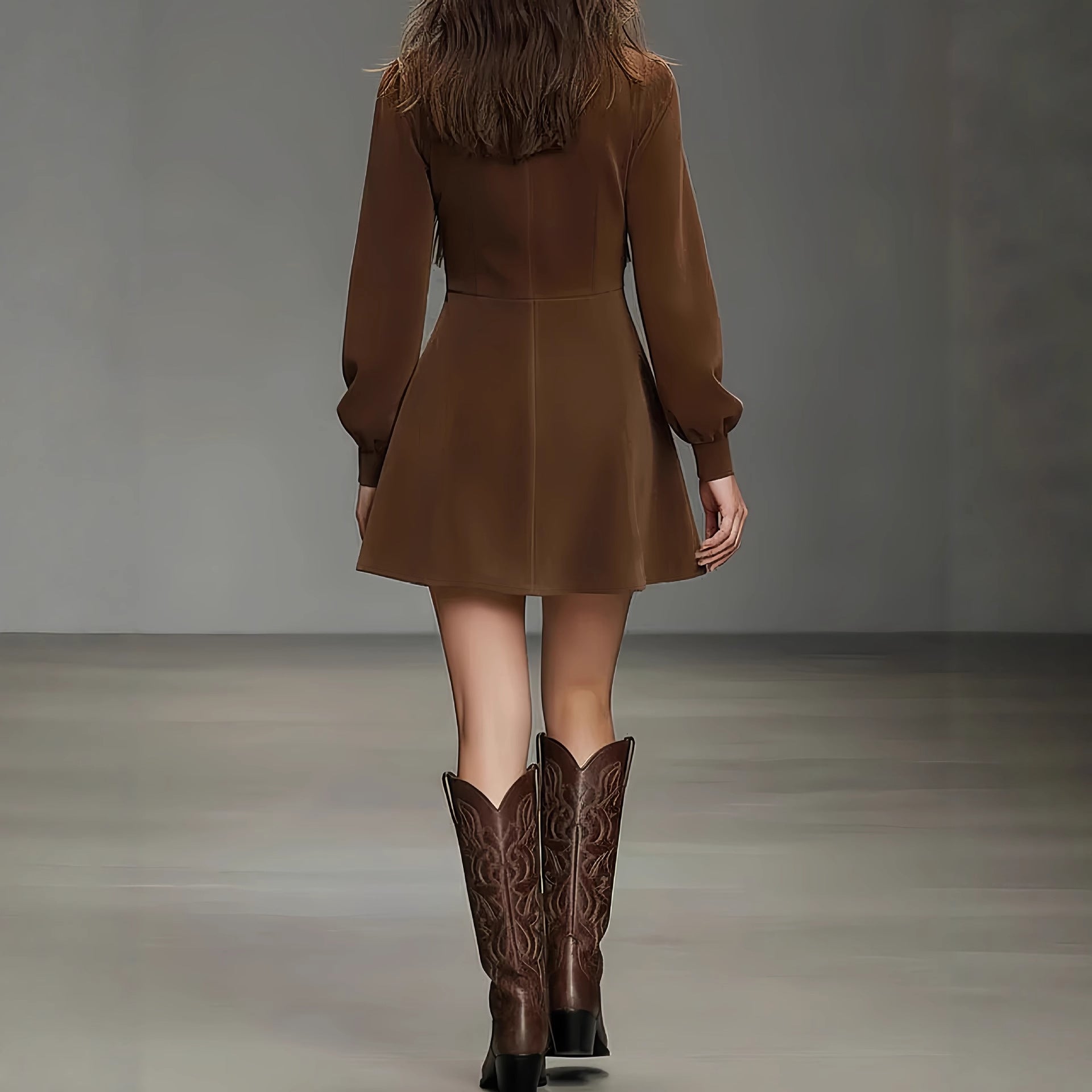 Contrast-color Patchwork Faux Suede Tassel Crew-neck Mini Dress