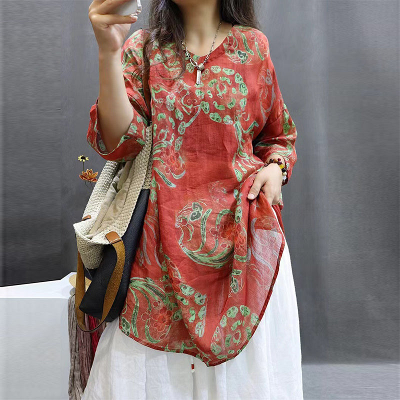 Women's Soft Printed Mid-Sleeve Top Casual Round Neck Tunic For Spring And Summer