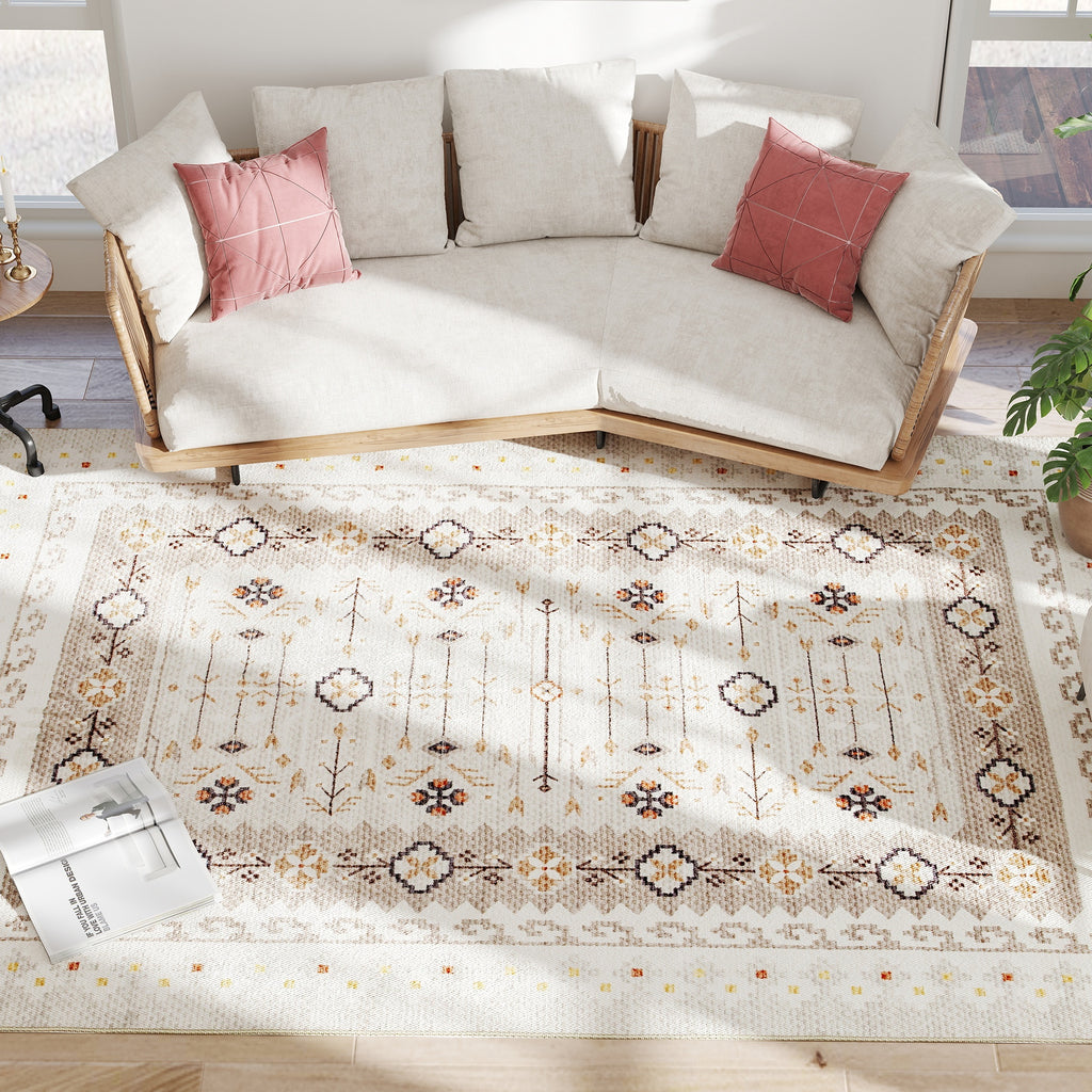 Machine Washable Area Rug 8x10, Non-Slip Boho Flannel Print Floor Carpet For Living Room, Bedroom, Dining Room, Brown