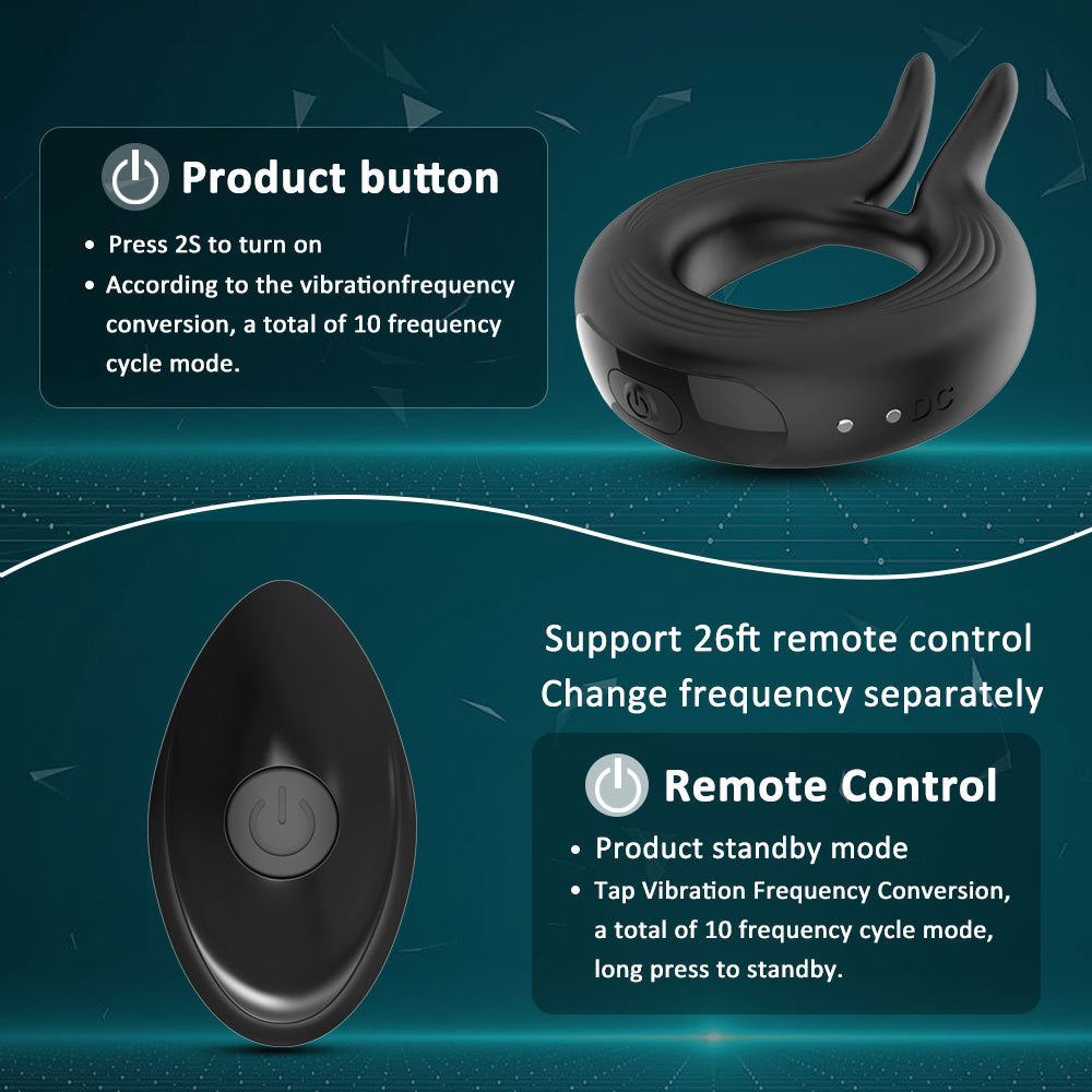 10 Frequency Magnetic Charging Rabbit Ear Cock Ring Silicone Male Vibrating Penis- Ring Adult- Products Masturbation- Device