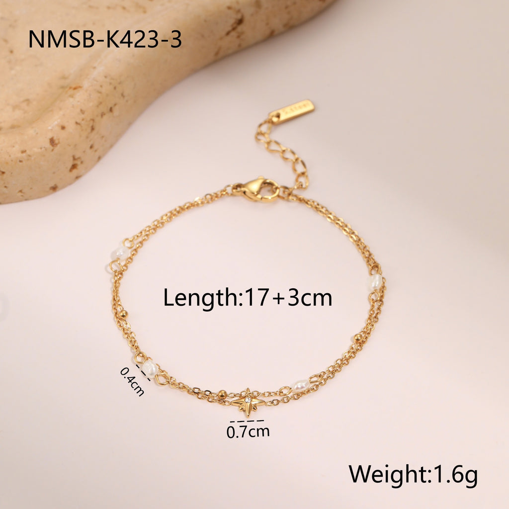Double-layer Six-pointed Star Rhinestone Pearl Stainless Steel Necklace 18K Gold Plating Ins Design Sense