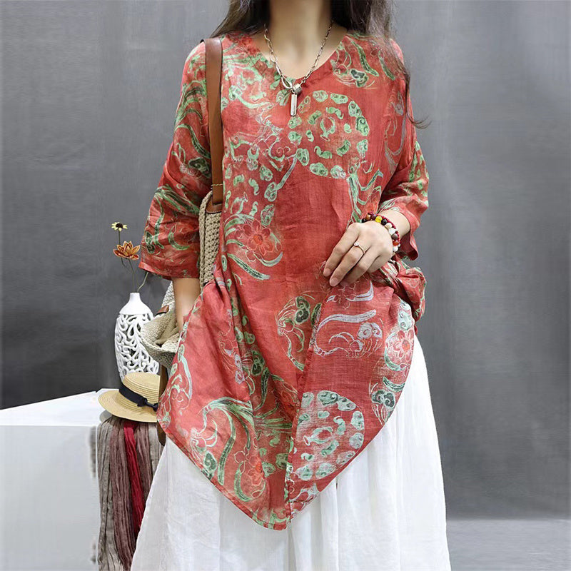 Women's Soft Printed Mid-Sleeve Top Casual Round Neck Tunic For Spring And Summer