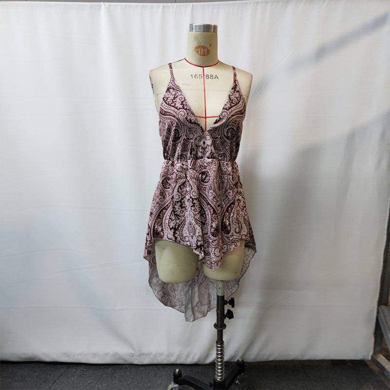 Women's Deep V-Neck Slip Dress Floral Print Asymmetrical Hem Midi Dress For Summer Vacation