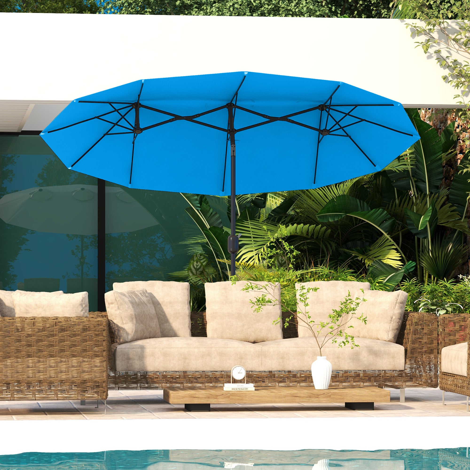Double-sided Patio Umbrella, 9.5 Outdoor Umbrella With Push Button Tilt And Crank, 3 Air Vents And 12 Ribs, Cyan Blue