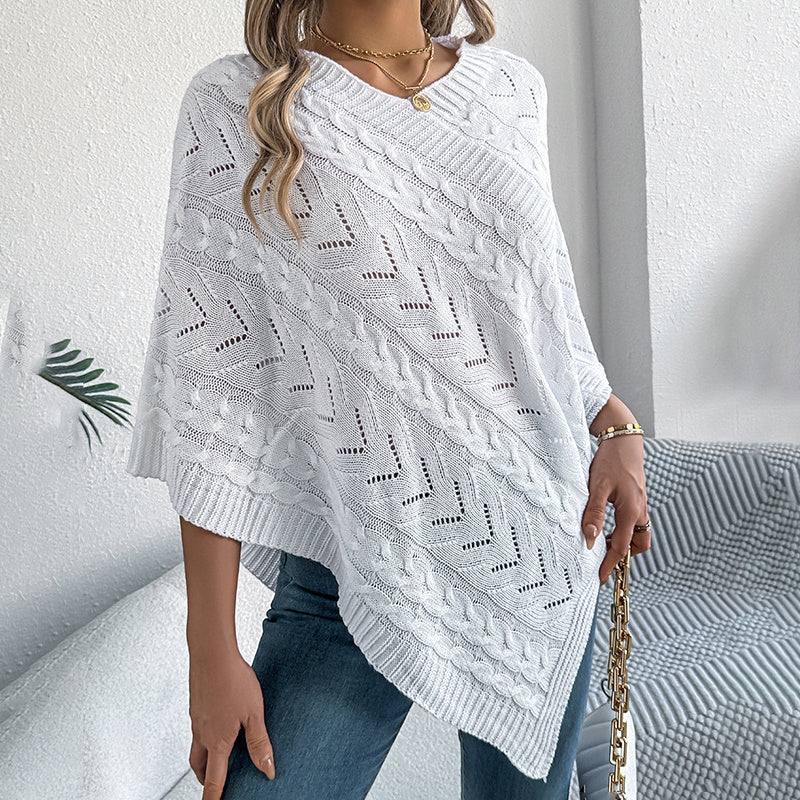 Women's Solid Color V-Neck Cape Sweater Batwing Sleeve Open-Knit Cardigan With Asymmetrical Hem