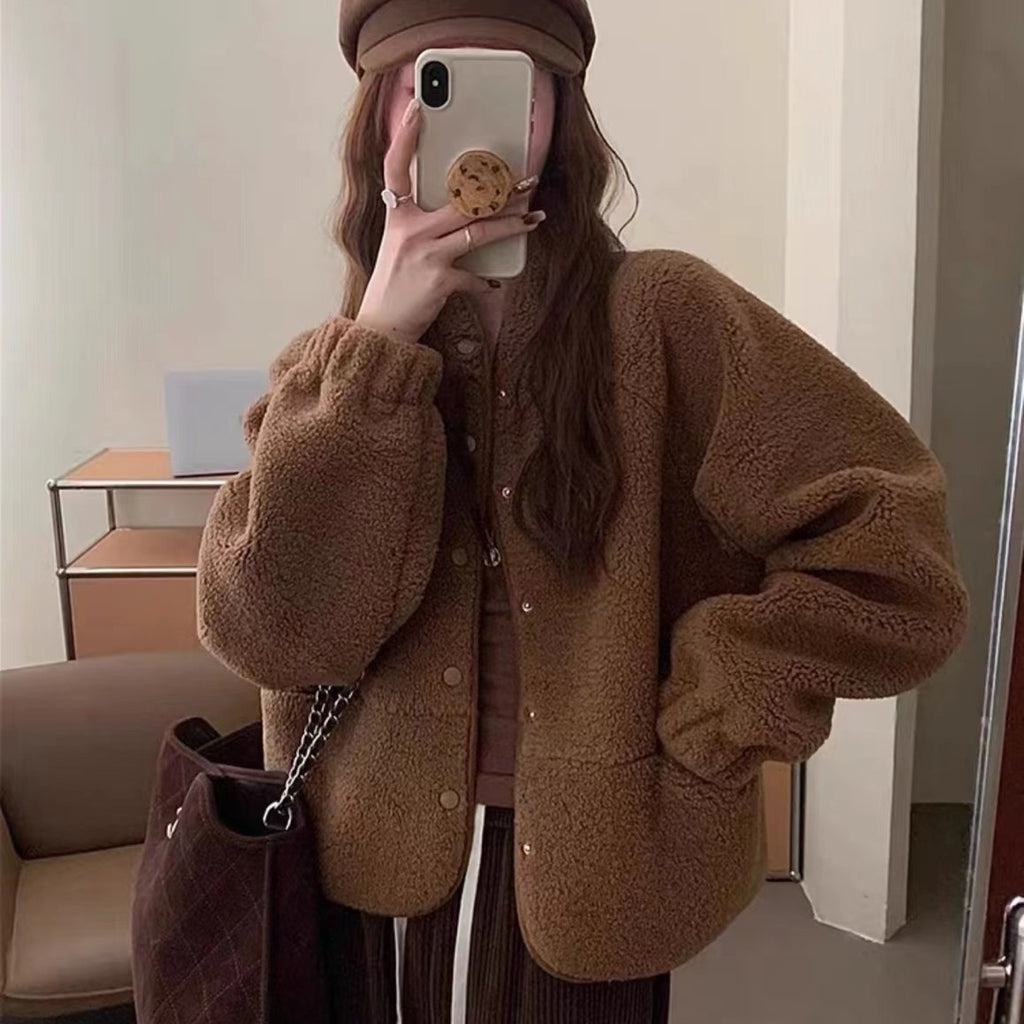 Women's Solid Color Versatile Short Lamb Fleece Jacket
