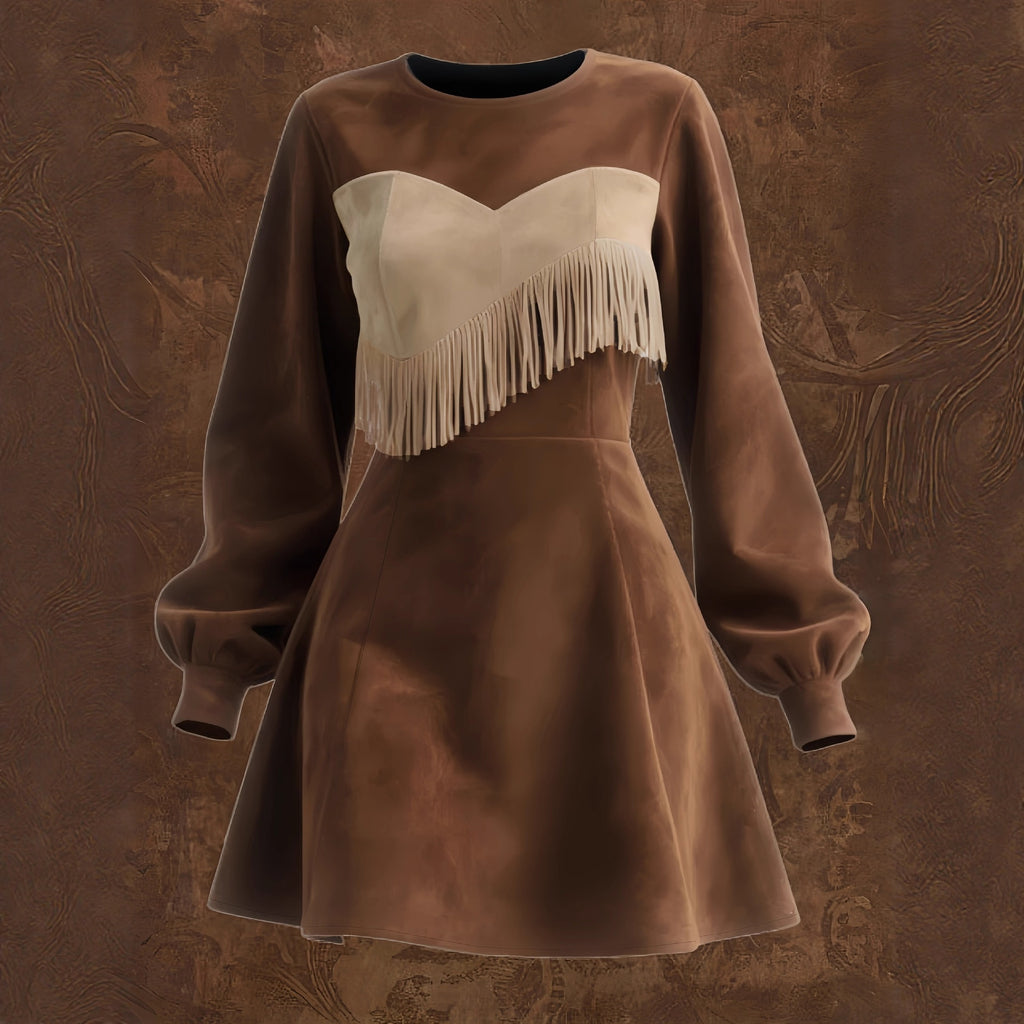 Contrast-color Patchwork Faux Suede Tassel Crew-neck Mini Dress