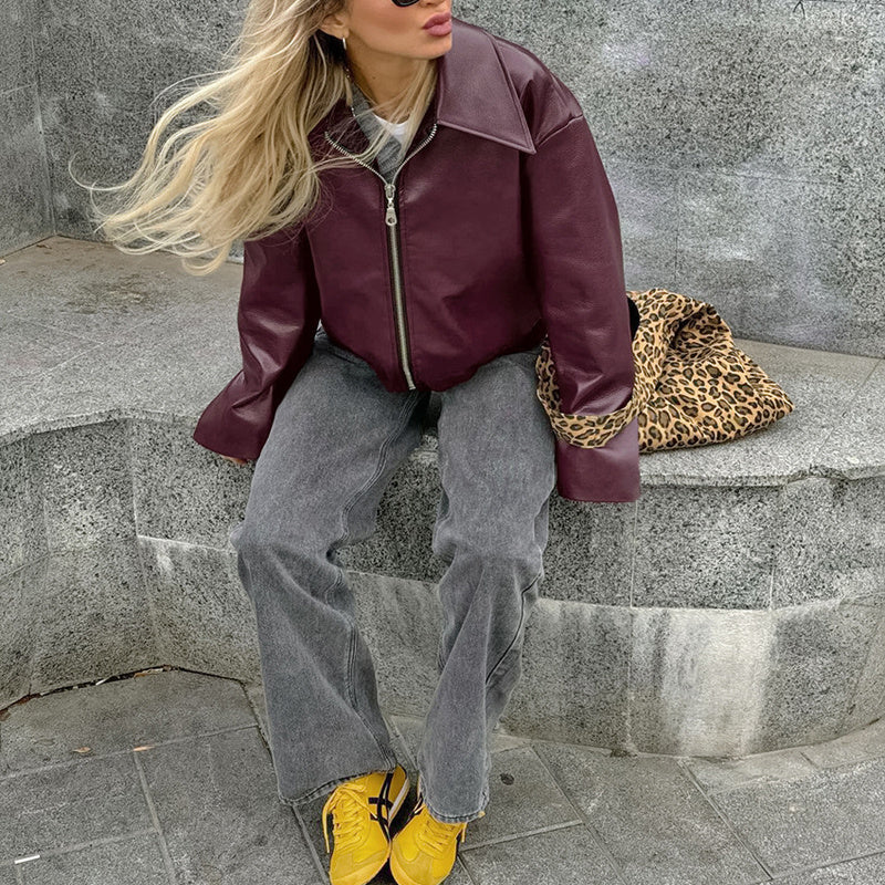 Vintage Style Women's Solid Color Faux Leather Jacket, Zip-Up Biker Jacket With Lapel Collar Casual Coat