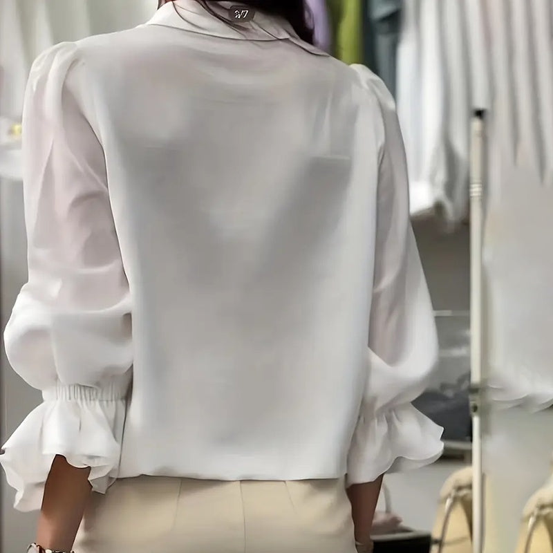 Women's Loose Ruffle Flare Sleeve Blouse, Notch Lapel Button-Down Shirt For Spring And Fall Office Wear