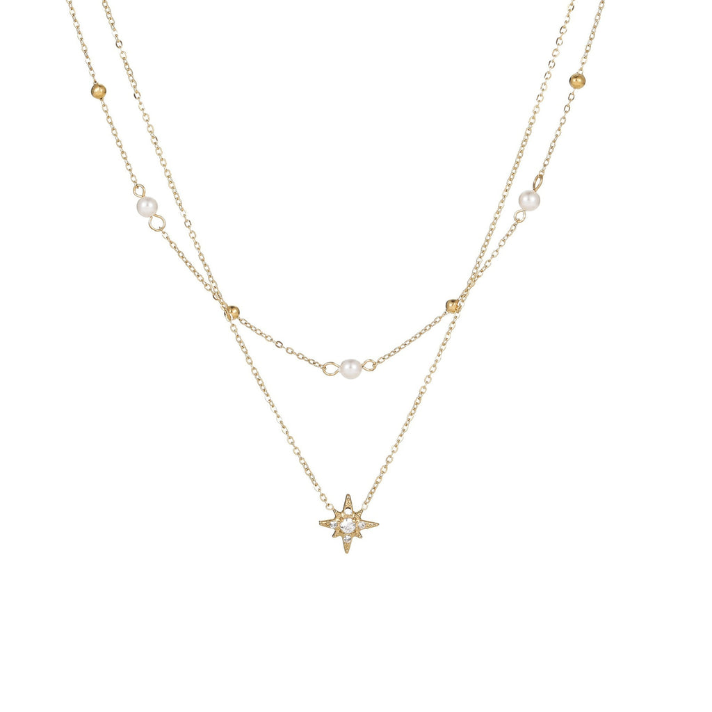 Double-layer Six-pointed Star Rhinestone Pearl Stainless Steel Necklace 18K Gold Plating Ins Design Sense