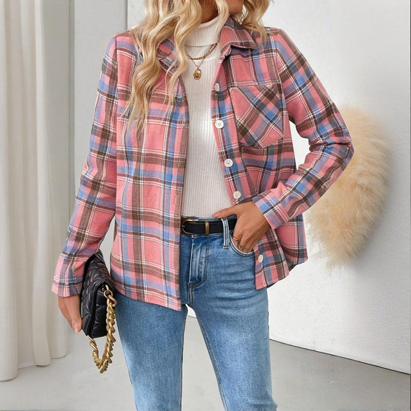 Women's Checkered Fleece Lined Shacket, Plaid Button Down Shirt Jacket With Chest Pockets, Fall Winter Outerwear Coat