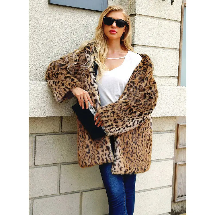 Faux Fur Leopard Print Hoodie Jacket
