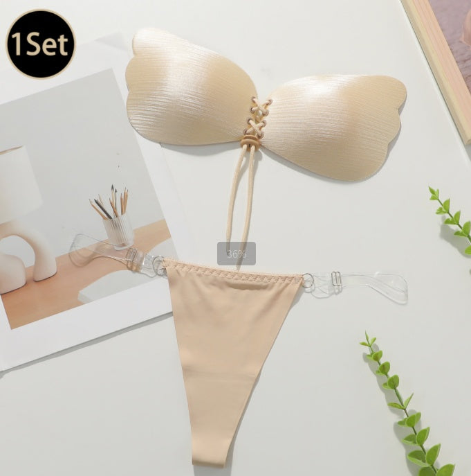 Viomisha 1 Set Women Sticky Bra And Thong Briefs Backless Strapless Bra Push Up Breathable Underwear Adhesive Invisible Lift Up Bras.
