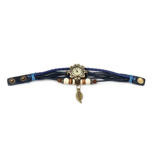 Beautiful Bohemian Style Retro Handmade Leather Tree Leaf Women's Watches Blue