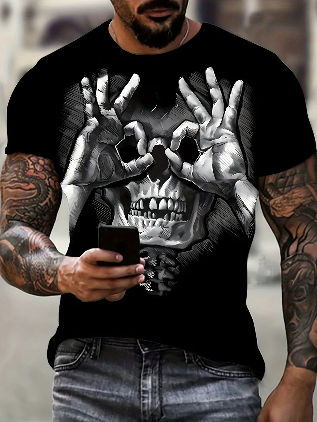 Creative Skull Print T-shirt, Men's Casual Street Style Elastic Round Neck T-shirt, Suitable For Summer