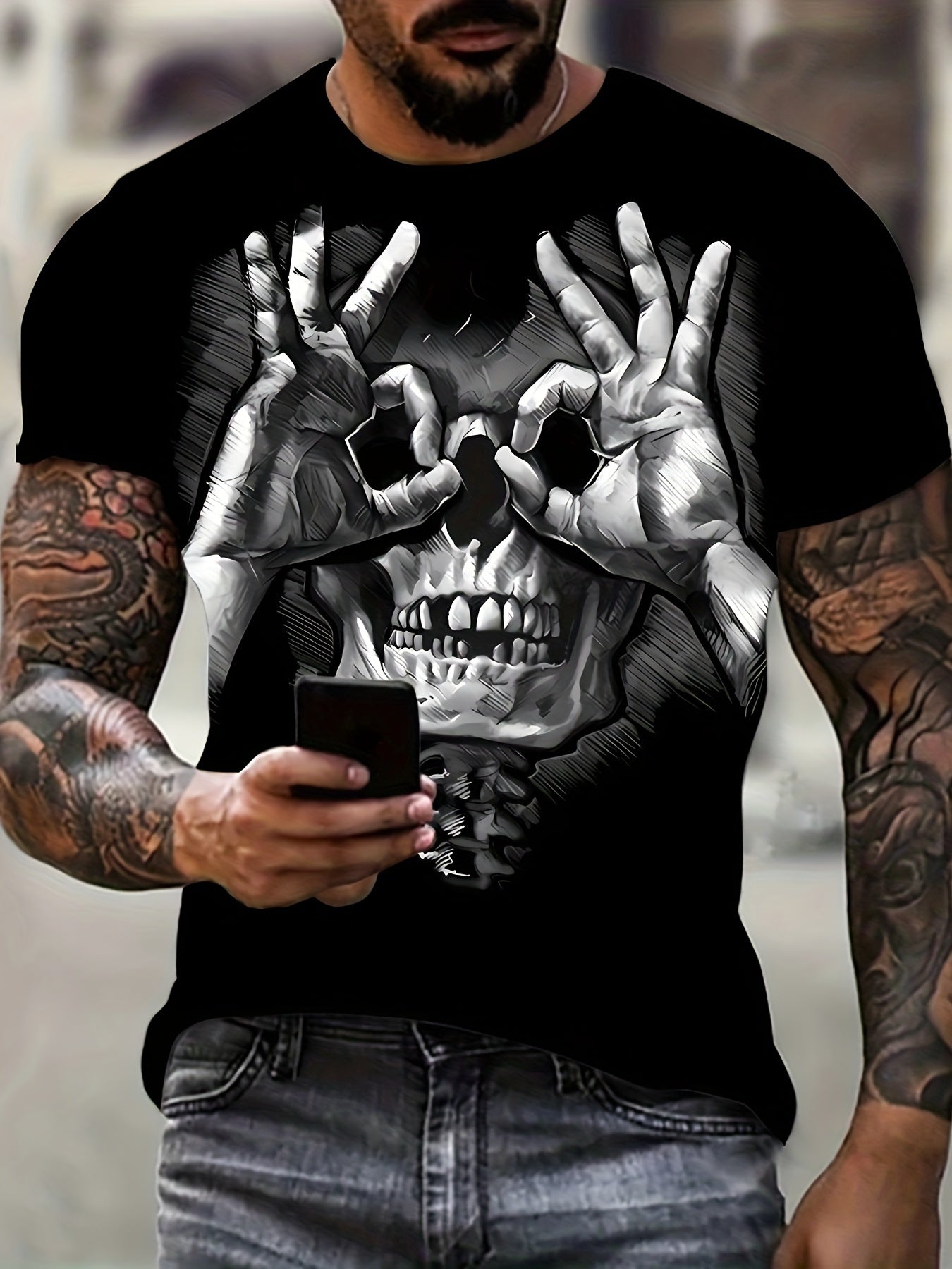 Creative Skull Print T-shirt, Men's Casual Street Style Elastic Round Neck T-shirt, Suitable For Summer