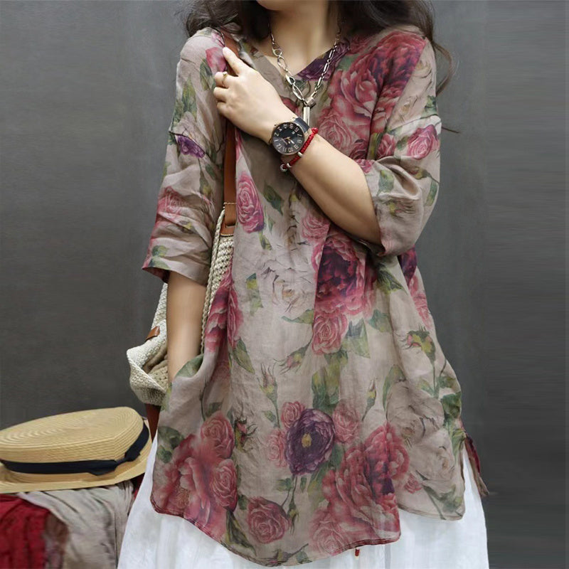 Women's Soft Printed Mid-Sleeve Top Casual Round Neck Tunic For Spring And Summer