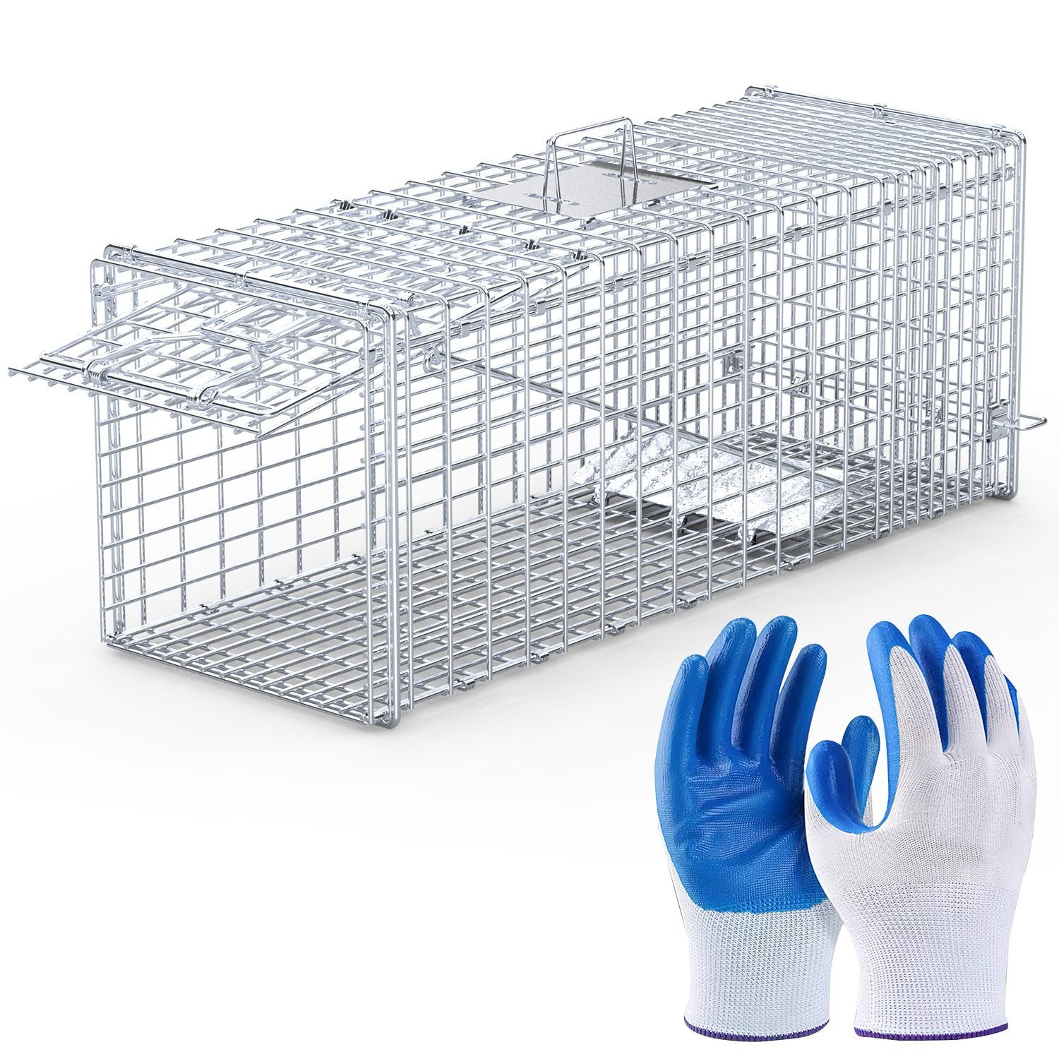 1Pc Live Animal Trap Cage 37x14x15in Folding Catch And Release Humane Cat Trap Galvanized Iron For Raccoons Foxes Coyotes Stray Dogs Armadillos Squirrels